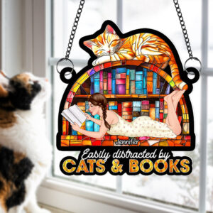 Personalized Gifts For Book Lovers Suncatcher Ornament 02xqqn030125tm Easily Distracted By Cats And Books
