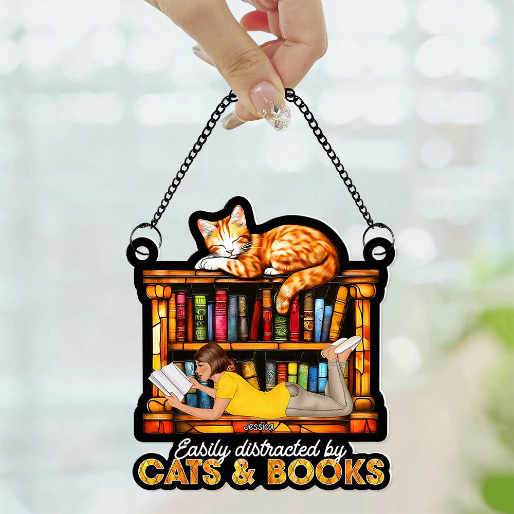 Alternative view of Personalized Gifts For Book Lovers Suncatcher Ornament 02xqqn030125tm Easily Distracted By Cats And Books