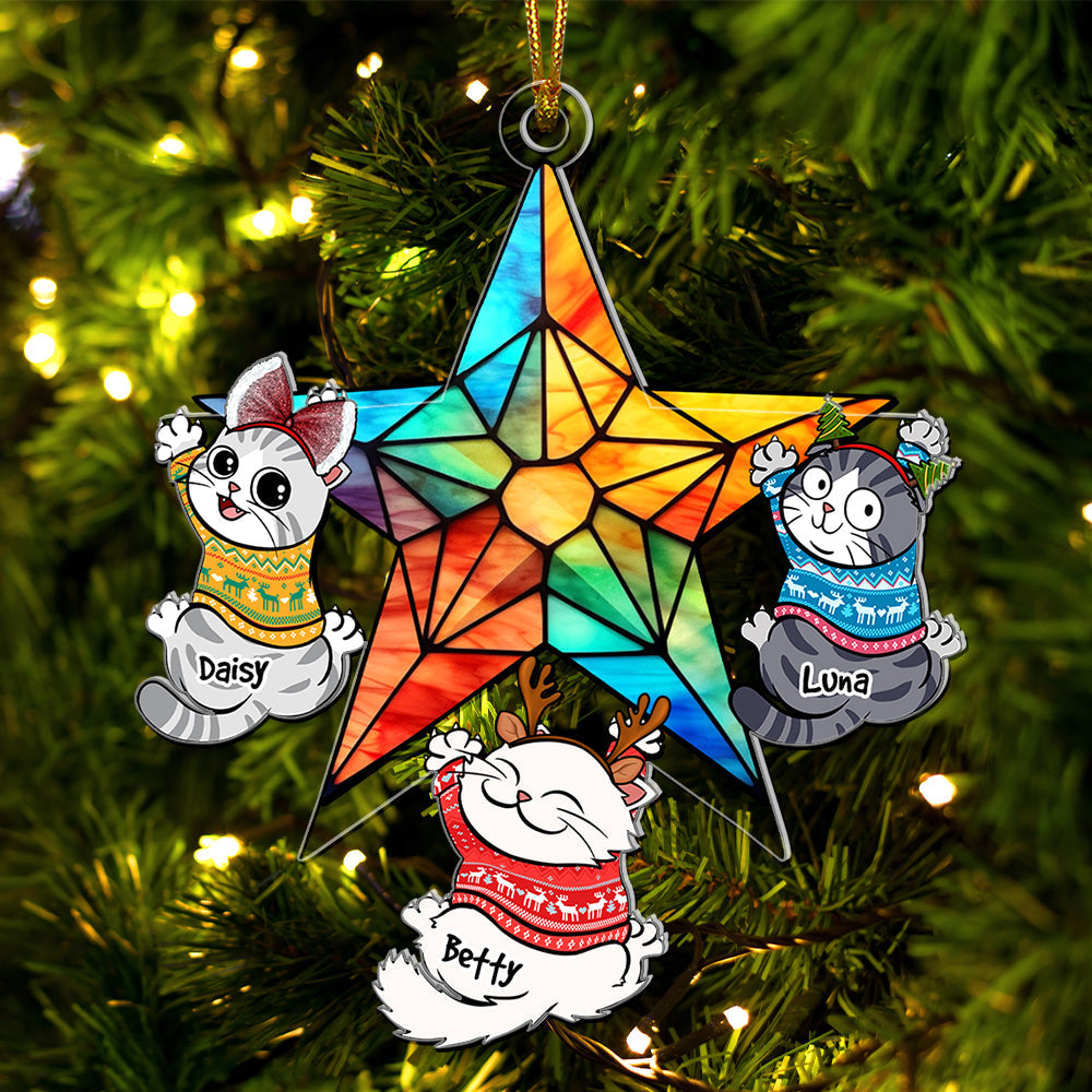 Personalized Gifts For Cat Lovers, Funny Naughty Cat Hanging On Christmas Star 04QHQN250924