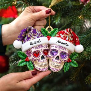 Alternative view of Personalized Gifts For Christmas, Christmas Dia de Los Muertos Skull Couple Acrylic Ornament 01pamg090925