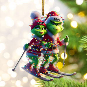 Alternative view of Personalized Gifts For Couples, Green Monsters Skiing Acrylic Ornament 01OHLU221124