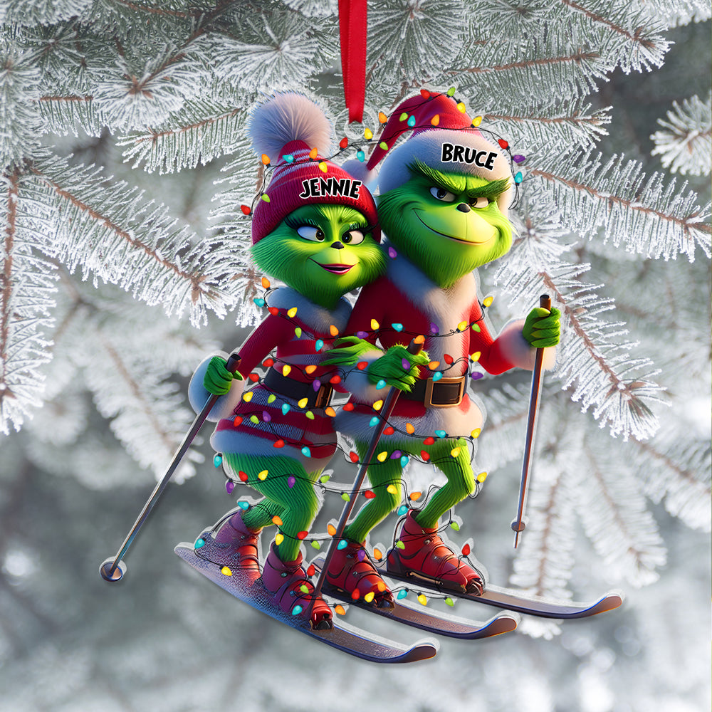 Personalized Gifts For Couples, Green Monsters Skiing Acrylic Ornament 01OHLU221124