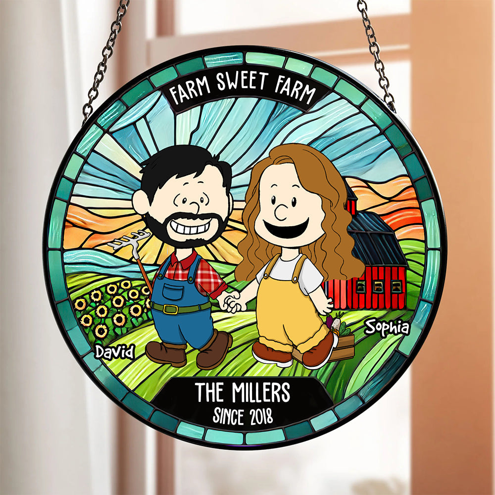 Personalized Gifts For Farmer Couple Round Stained Glass Suncatcher, Farm Sweet Farm 03qhdt110125hg