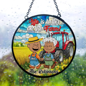 Personalized Gifts For Farmer Couple Stained Glass Window Hanging Ornament 02KAMH140125HG