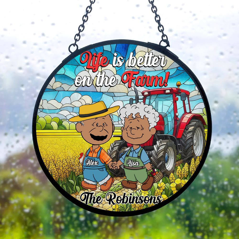 Personalized Gifts For Farmer Couple Stained Glass Window Hanging Ornament 02KAMH140125HG