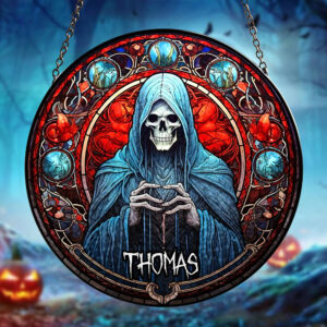 Personalized Gifts for Horror Lovers, Skull Halloween Round Stained Glass Suncatcher 03TOTI230824