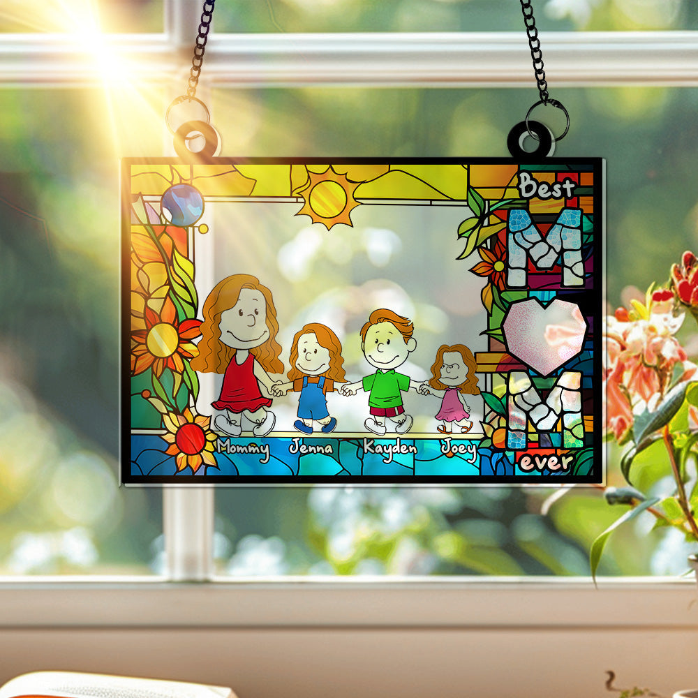 Personalized Gifts For Mom Suncatcher, Mom Holding Children's Hands Vibrant Flower Frame 02QHLU260225HH