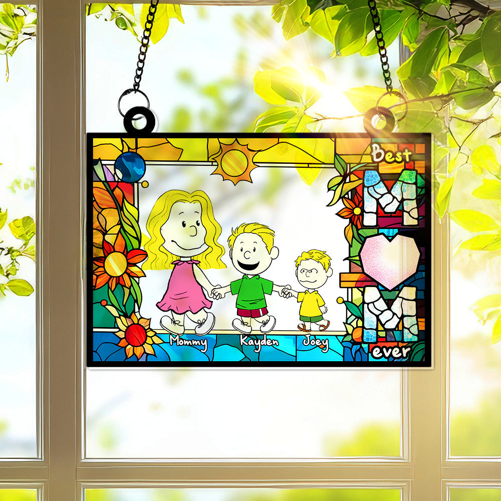 Alternative view of Personalized Gifts For Mom Suncatcher, Mom Holding Children's Hands Vibrant Flower Frame 02QHLU260225HH