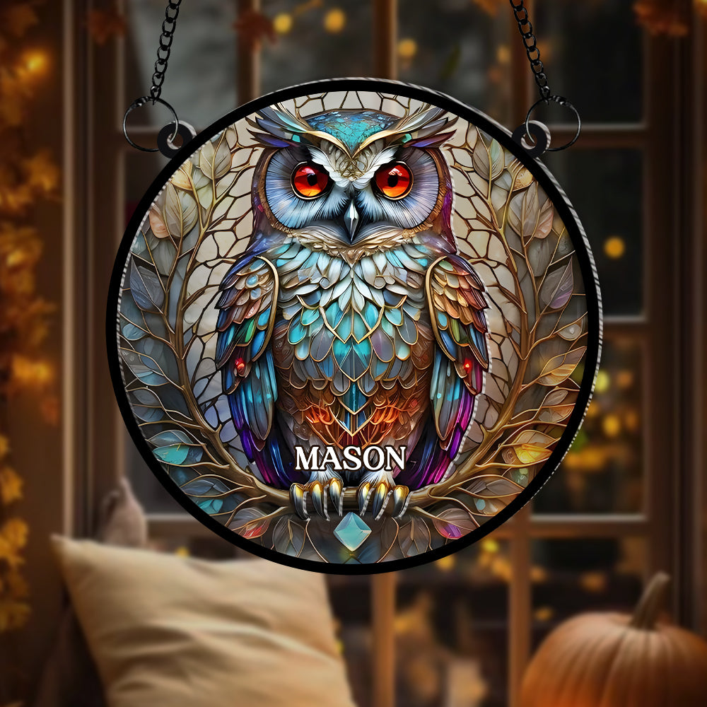Personalized Gifts For Owl Lovers, Suncatcher Hanging Ornament Stained Glass Owl Design 01HUMH210824 - Image 3
