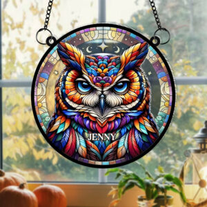 Personalized Gifts For Owl Lovers, Suncatcher Hanging Ornament Stained Glass Owl Design 01HUMH210824