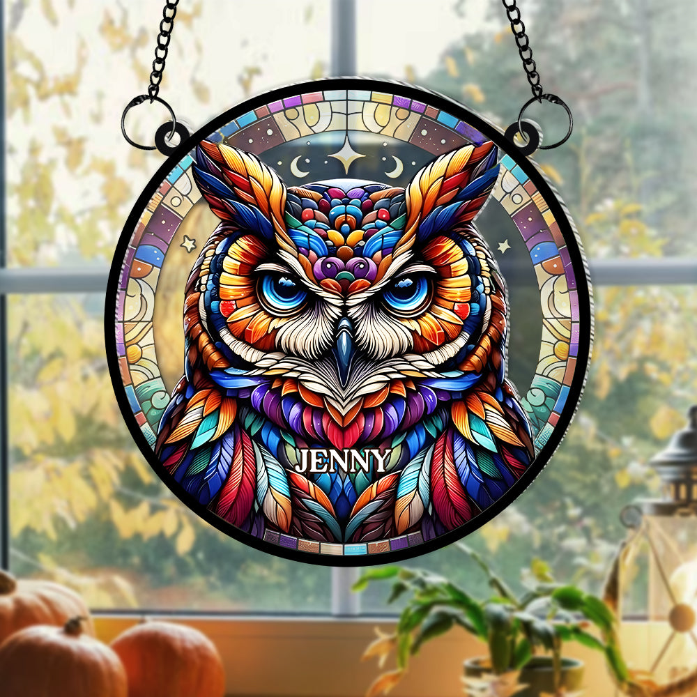 Personalized Gifts For Owl Lovers, Suncatcher Hanging Ornament Stained Glass Owl Design 01HUMH210824