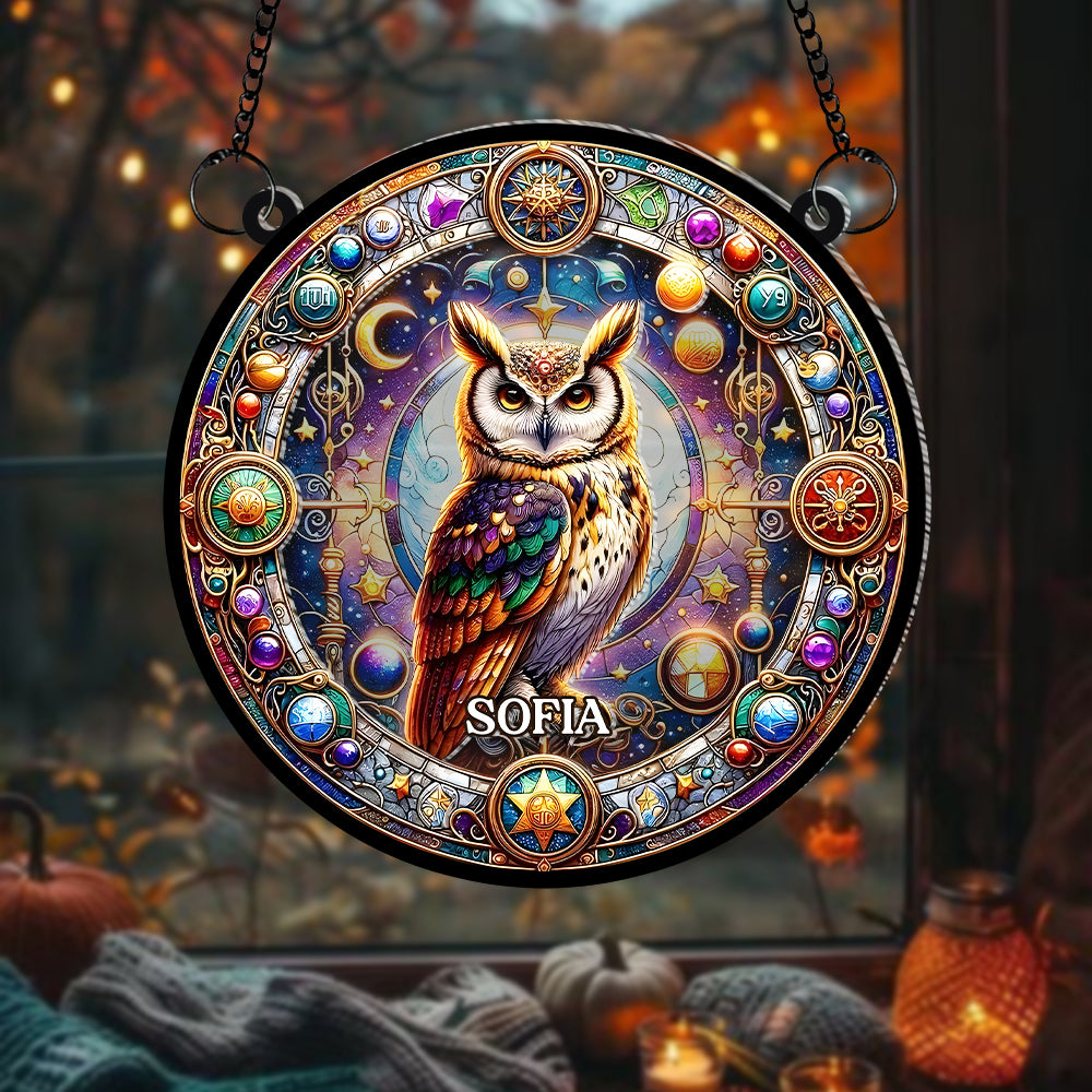 Personalized Gifts For Owl Lovers, Suncatcher Hanging Ornament Stained Glass Owl Design 01HUMH210824 - Image 4