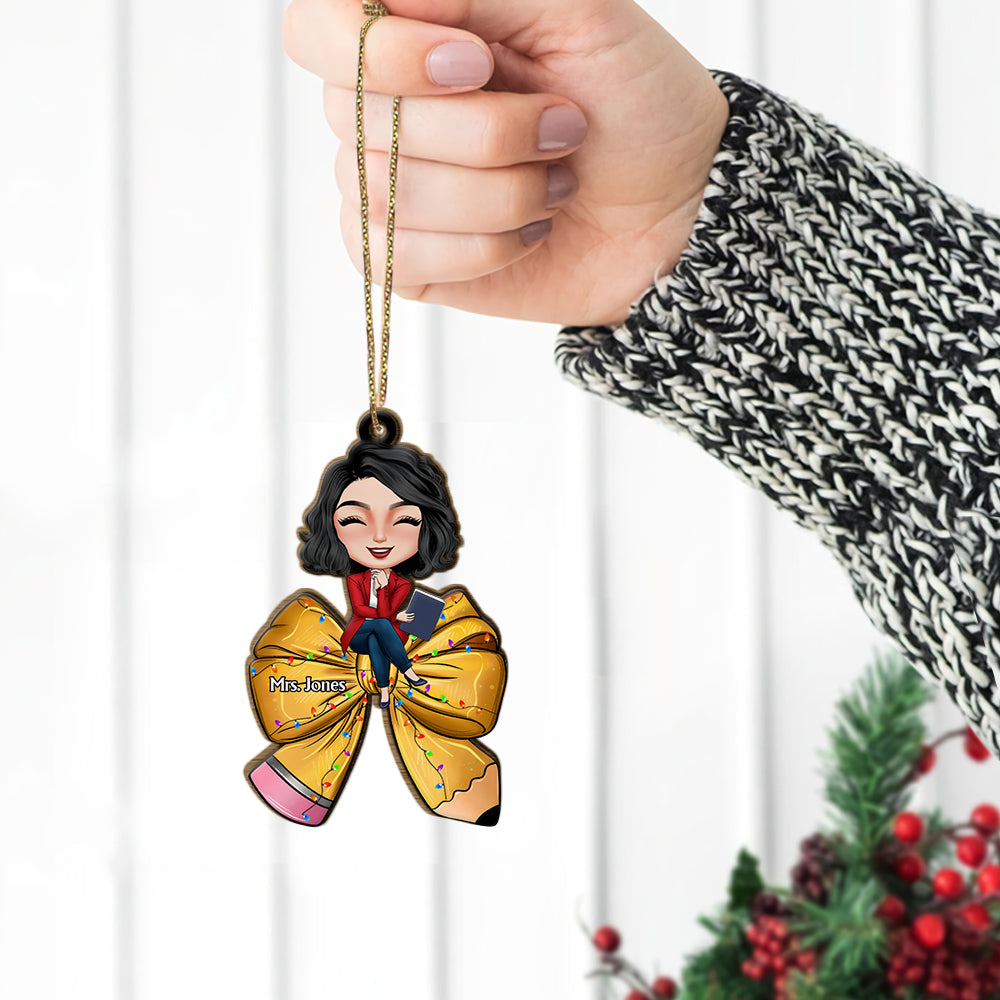 Alternative view of Personalized Gifts For Teacher, Teacher Coquette Bow Wood Ornament 02NAMH090924HH
