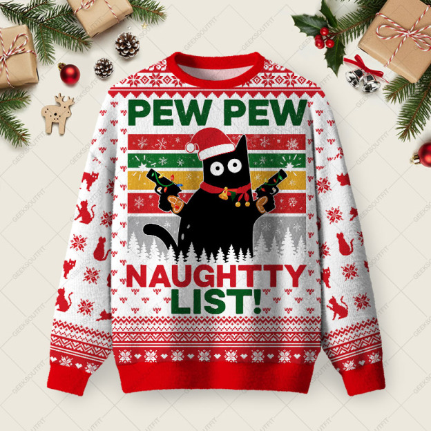 Pew Pew Naughty List Ugly Christmas Fuzzy Fleece Sweatshirt