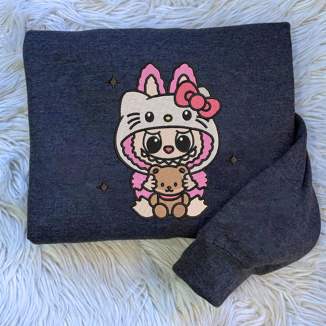 Labubu The Monsters Embroidery Shirt, Labubu Monster Sweatshirt, Cute Labubu And Kitty Embroidered Shirt - Image 2