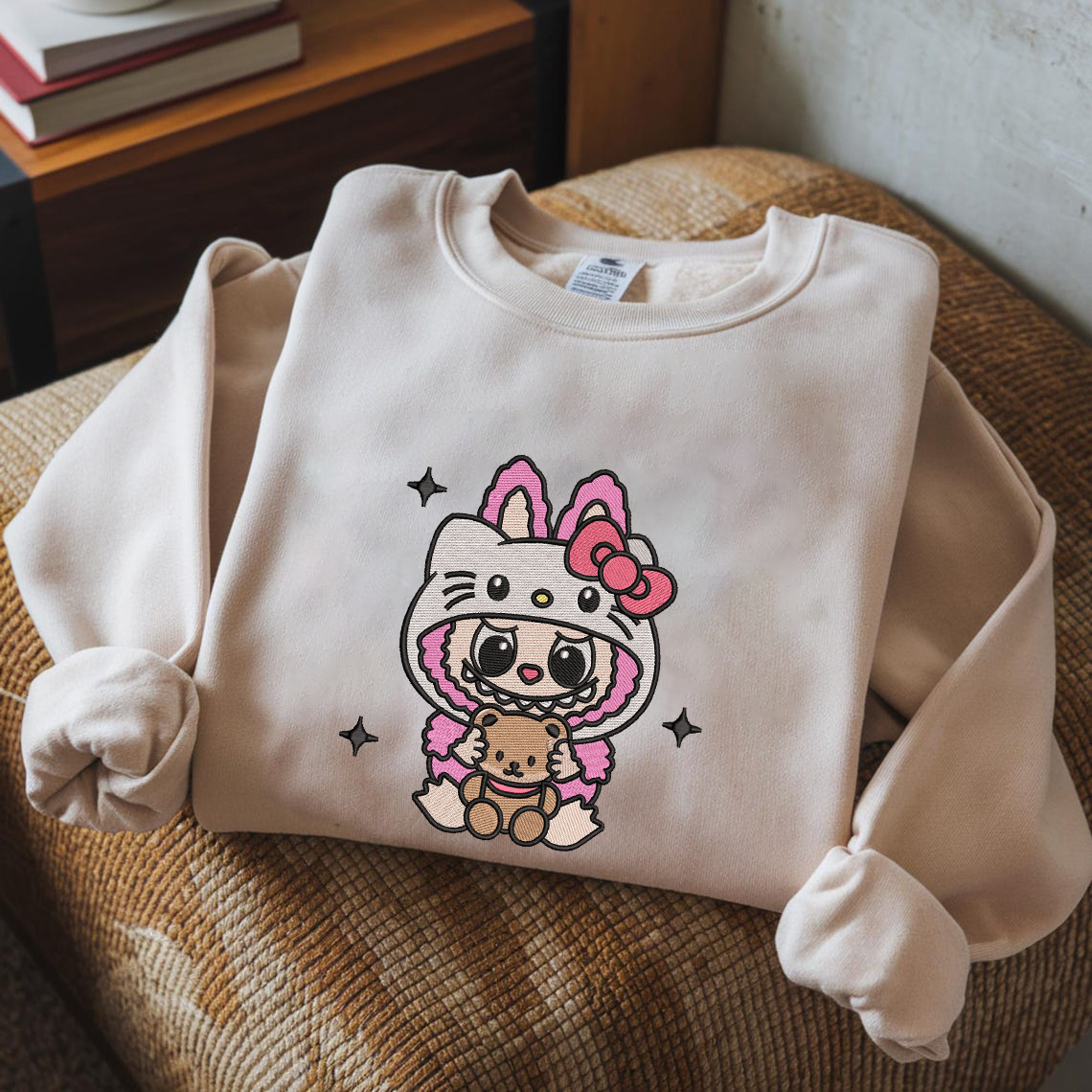 Labubu The Monsters Embroidery Shirt, Labubu Monster Sweatshirt, Cute Labubu And Kitty Embroidered Shirt - Image 5