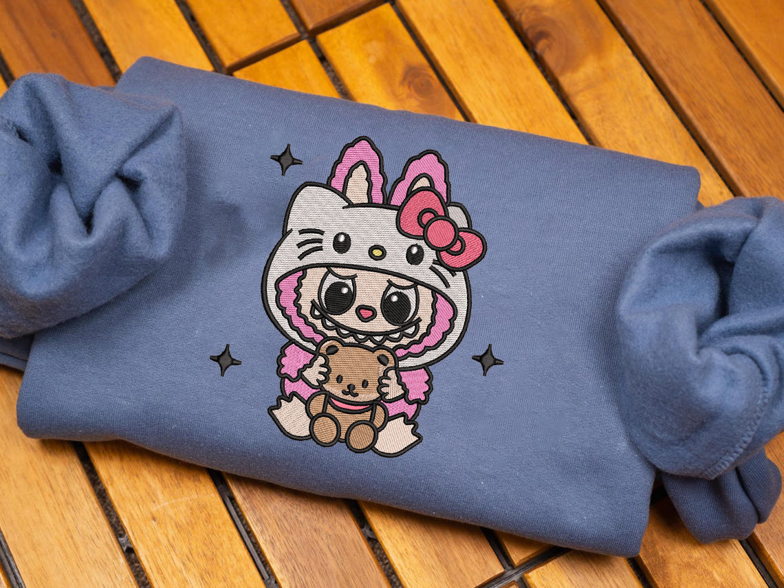 Labubu The Monsters Embroidery Shirt, Labubu Monster Sweatshirt, Cute Labubu And Kitty Embroidered Shirt