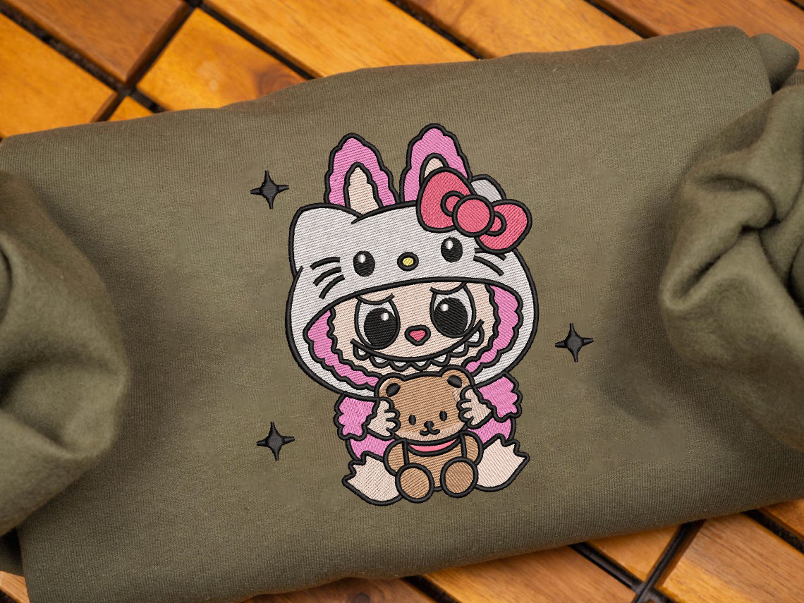 Labubu The Monsters Embroidery Shirt, Labubu Monster Sweatshirt, Cute Labubu And Kitty Embroidered Shirt - Image 4