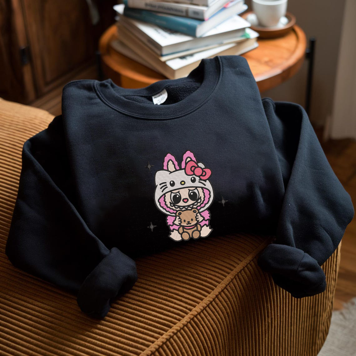 Labubu The Monsters Embroidery Shirt, Labubu Monster Sweatshirt, Cute Labubu And Kitty Embroidered Shirt - Image 3