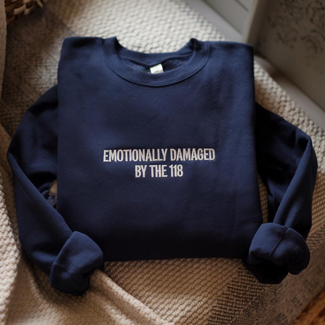 Embroidered Emotinally Damaged by the 118 Sweatshirt, 911 TV Show Hoodie, Funny Meme Crewneck Sweatshirt