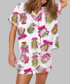Pickle Lover Pink Bows Short Sleeve Satin Pajama Set