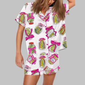 Pickle Lover Pink Bows Short Sleeve Satin Pajama Set