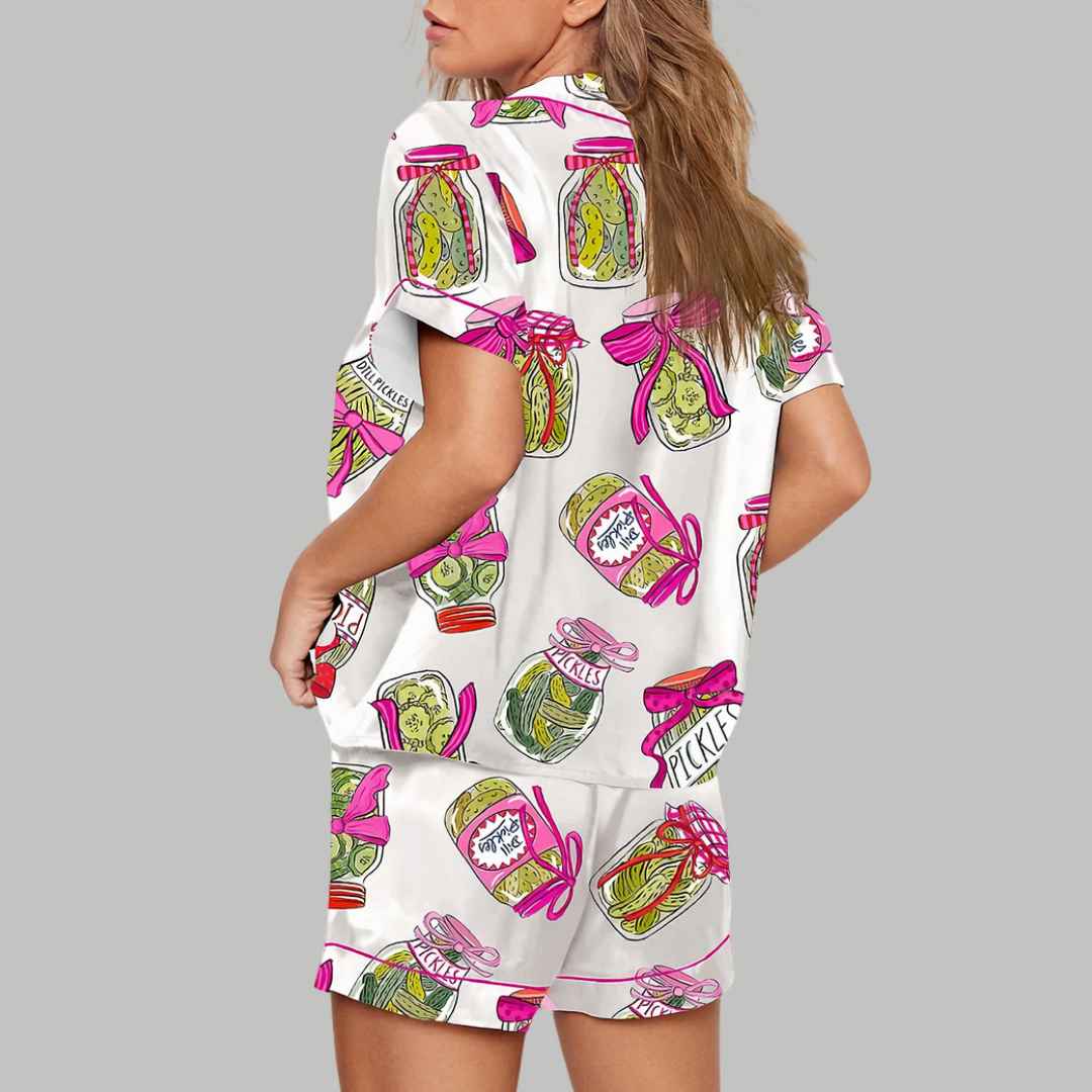 Pickle Lover Pink Bows Short Sleeve Satin Pajama Set - Image 3