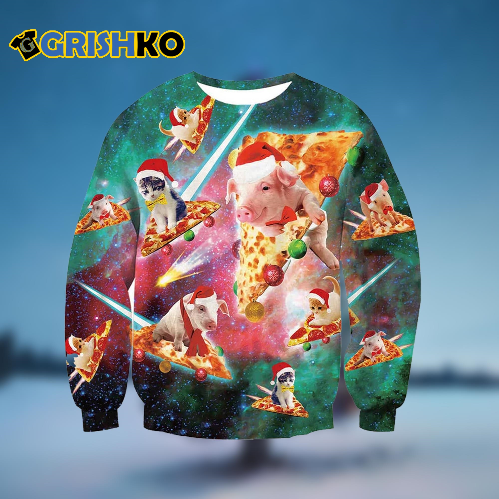 Pig Cat Pizza Ugly Christmas Sweater - Grishko.com