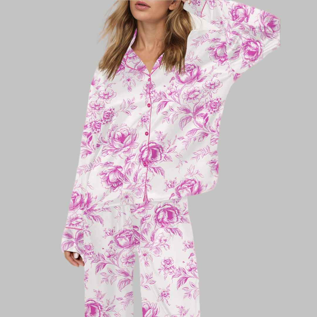 Pink Chinoiserie Floral Silky Satin Pajama Set