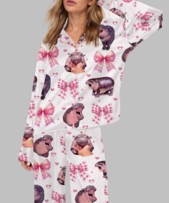 Pink Coquette Moo Deng Satin Pajama Set