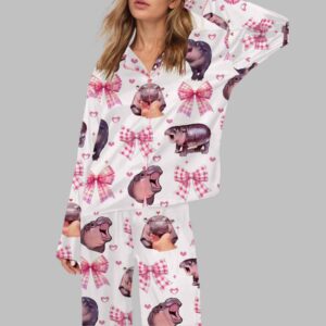 Pink Coquette Moo Deng Satin Pajama Set
