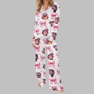 Alternative view of Pink Coquette Moo Deng Satin Pajama Set