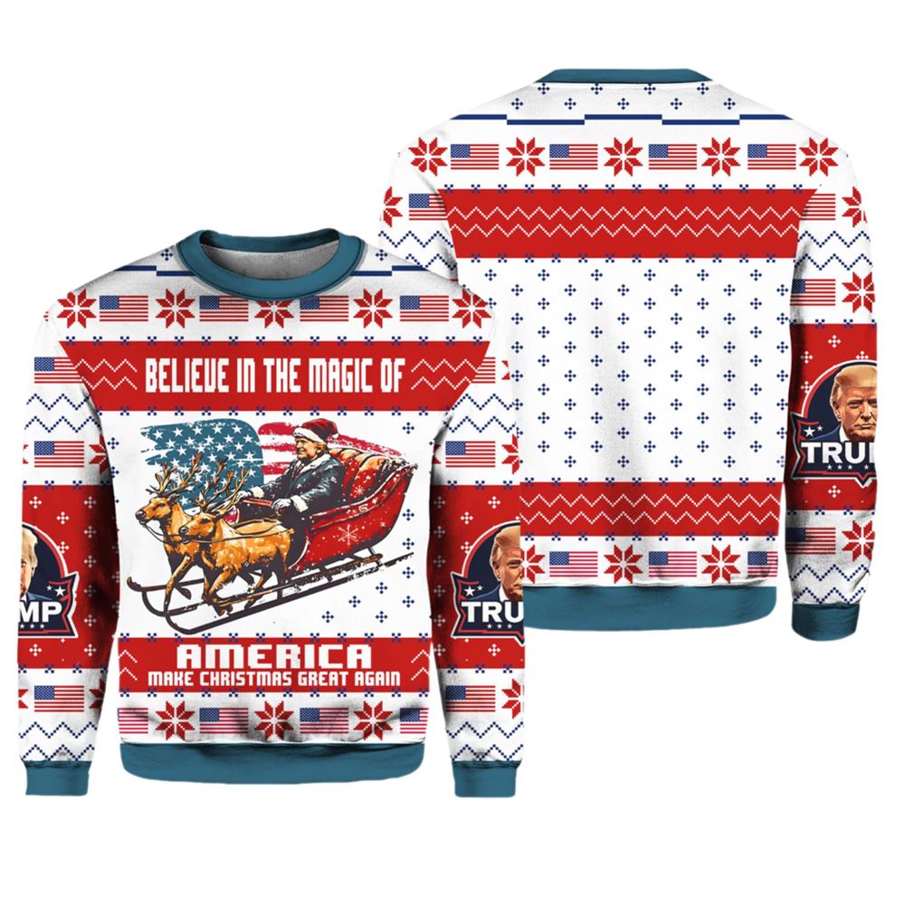 President Trump 45 47 Belive In The Magic Of America MAGA Christmas Ugly Sweater - Grishko.com