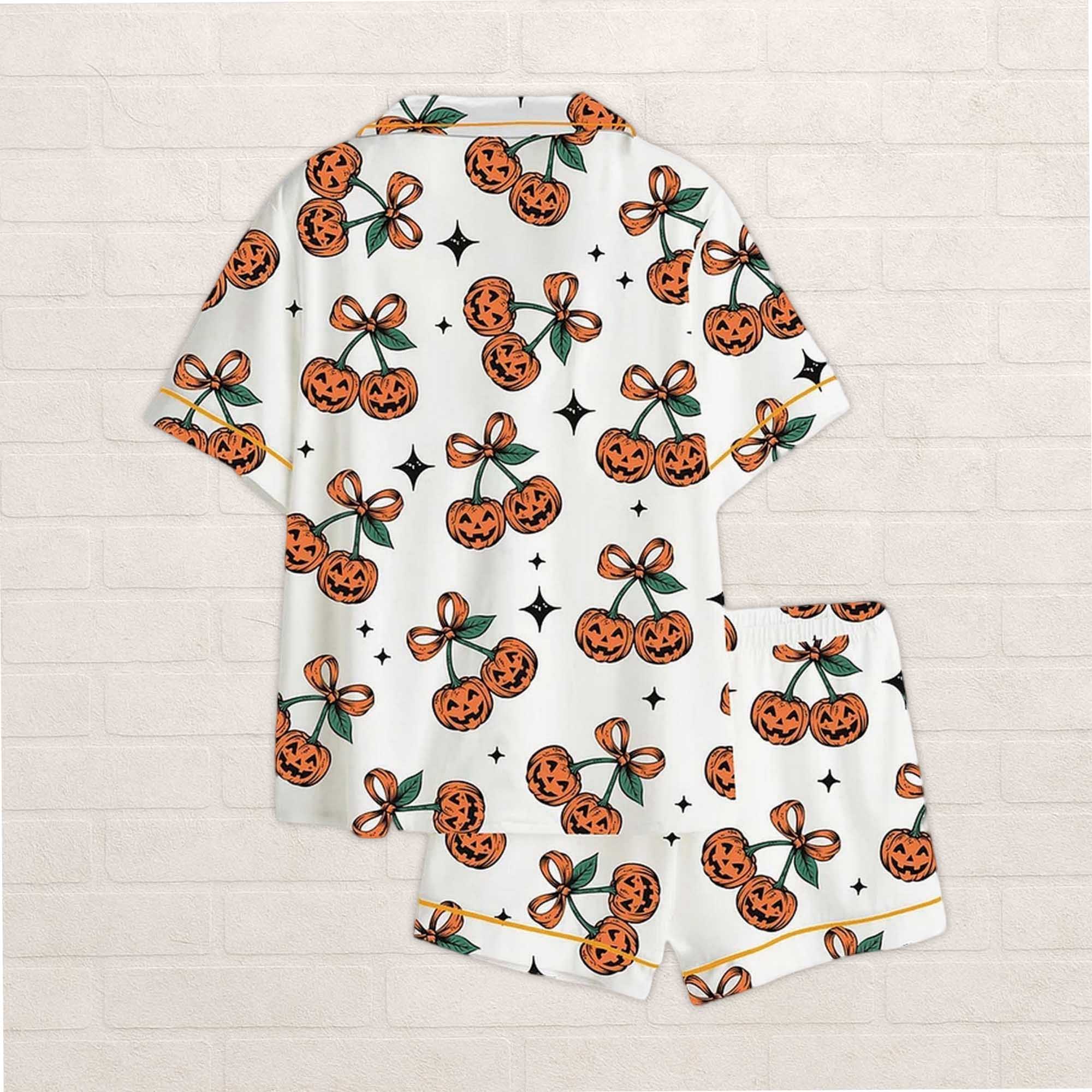 Alternative view of Pumpkin Cherries Coquette Bow Halloween Satin Pajama Set For Women