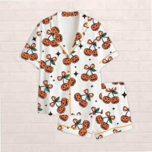 Pumpkin Cherries Coquette Bow Halloween Satin Pajama Set For Women