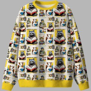 Raccoon Reading Ugly Christmas Sweater - gullprint.com