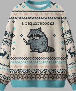 Racoon I Require Books Ugly Christmas Sweater