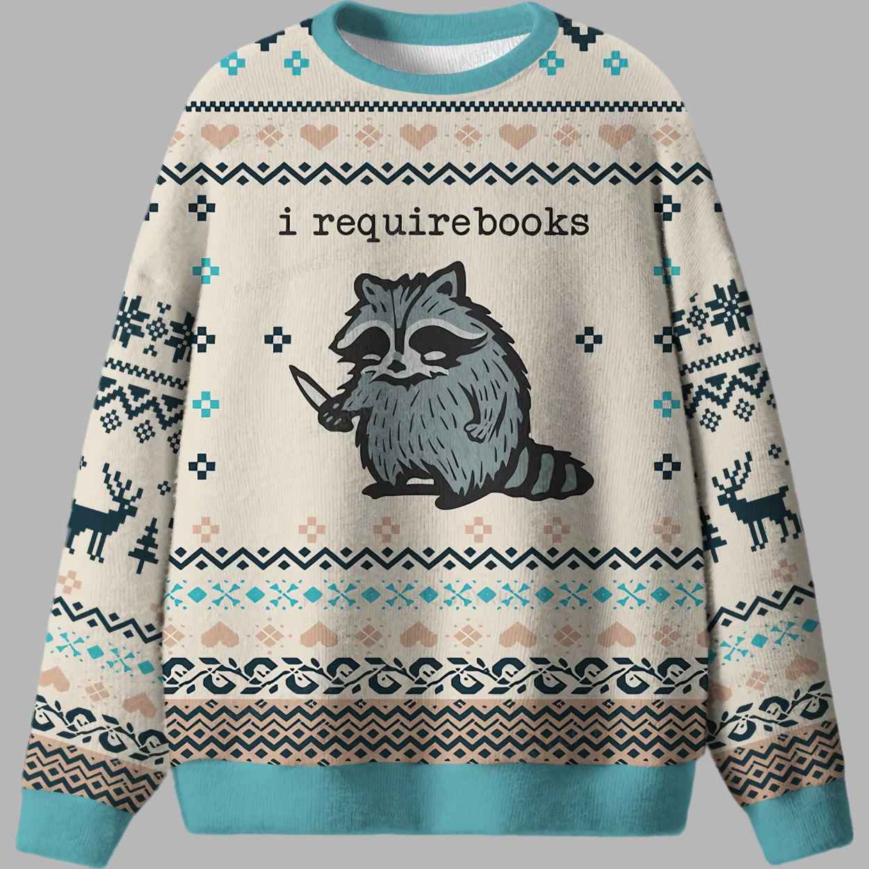 Racoon I Require Books Ugly Christmas Sweater - gullprint.com
