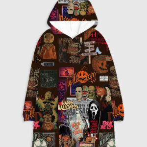 Retro Horror Movie Halloween Enjoyer Thriller Retro Ghost Pumpkin Flannel Blanket Hoodie