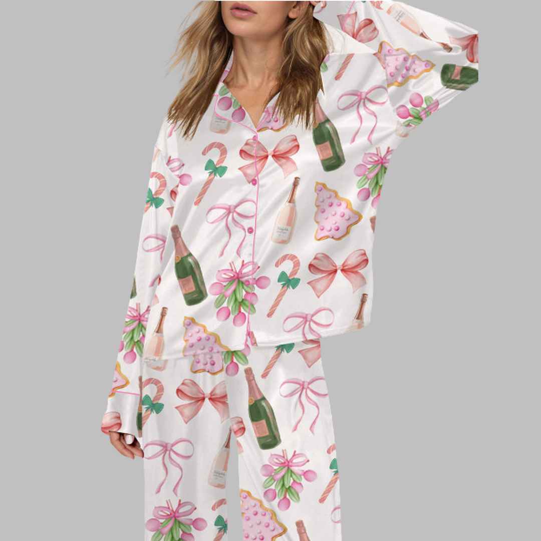 Rose Champagne Christmas Wine Satin Pajama Set