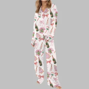 Alternative view of Rose Champagne Christmas Wine Satin Pajama Set