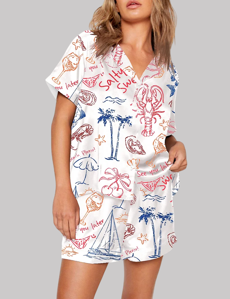 Salty But Sweet Retro Summer Coastal Beach Aesthetic Summer Cocktail Sea Food Lobster Pajama Set