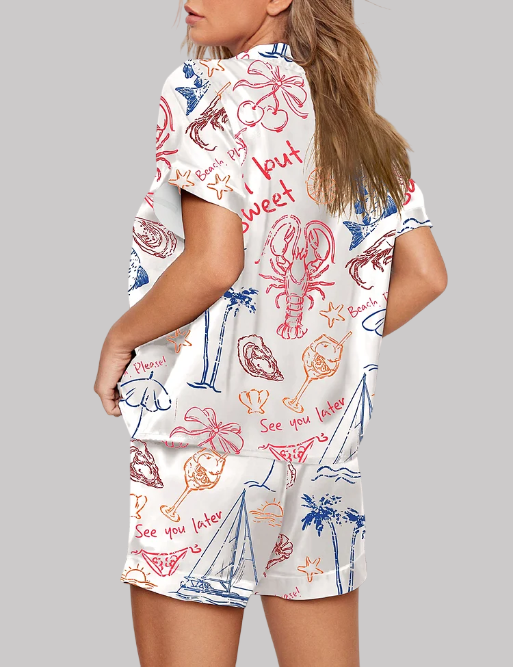 Salty But Sweet Retro Summer Coastal Beach Aesthetic Summer Cocktail Sea Food Lobster Pajama Set - Image 3