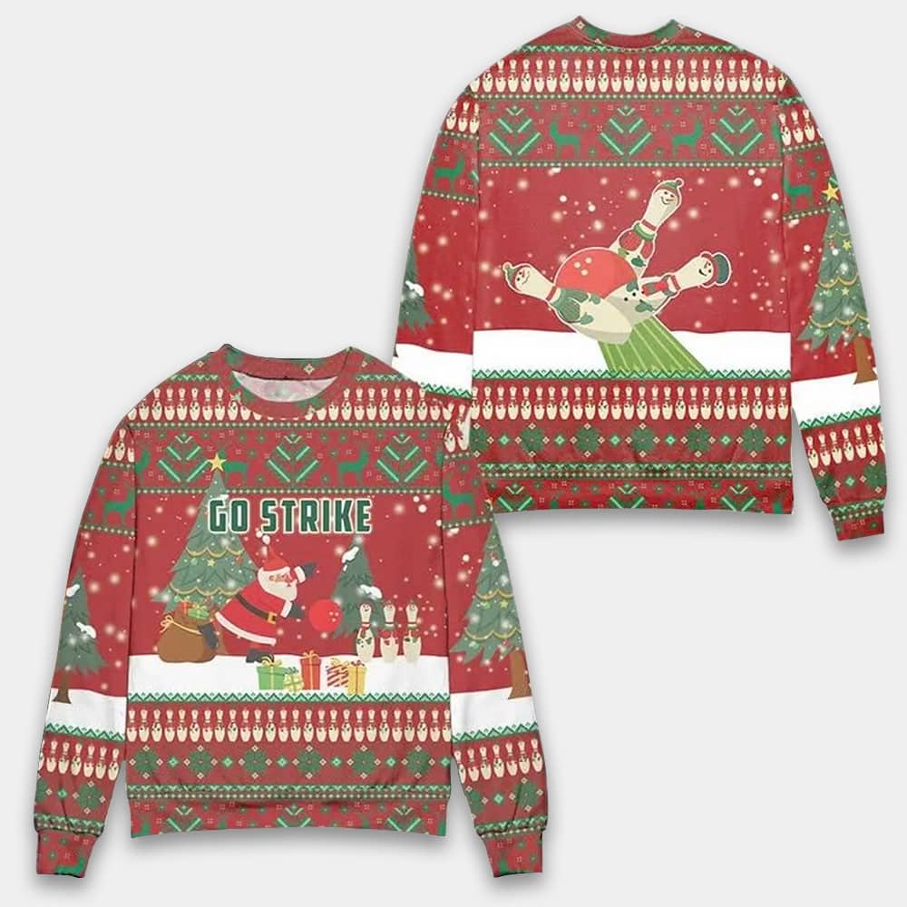 Santa Go Strike Funny Bowling Christmas Ugly Sweater