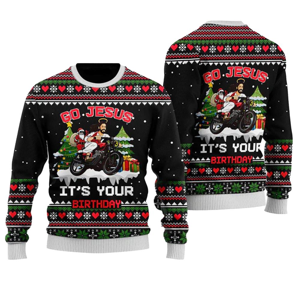 Santa Jesus Ride Motobike Ugly Christmas Sweater - Grishko.com