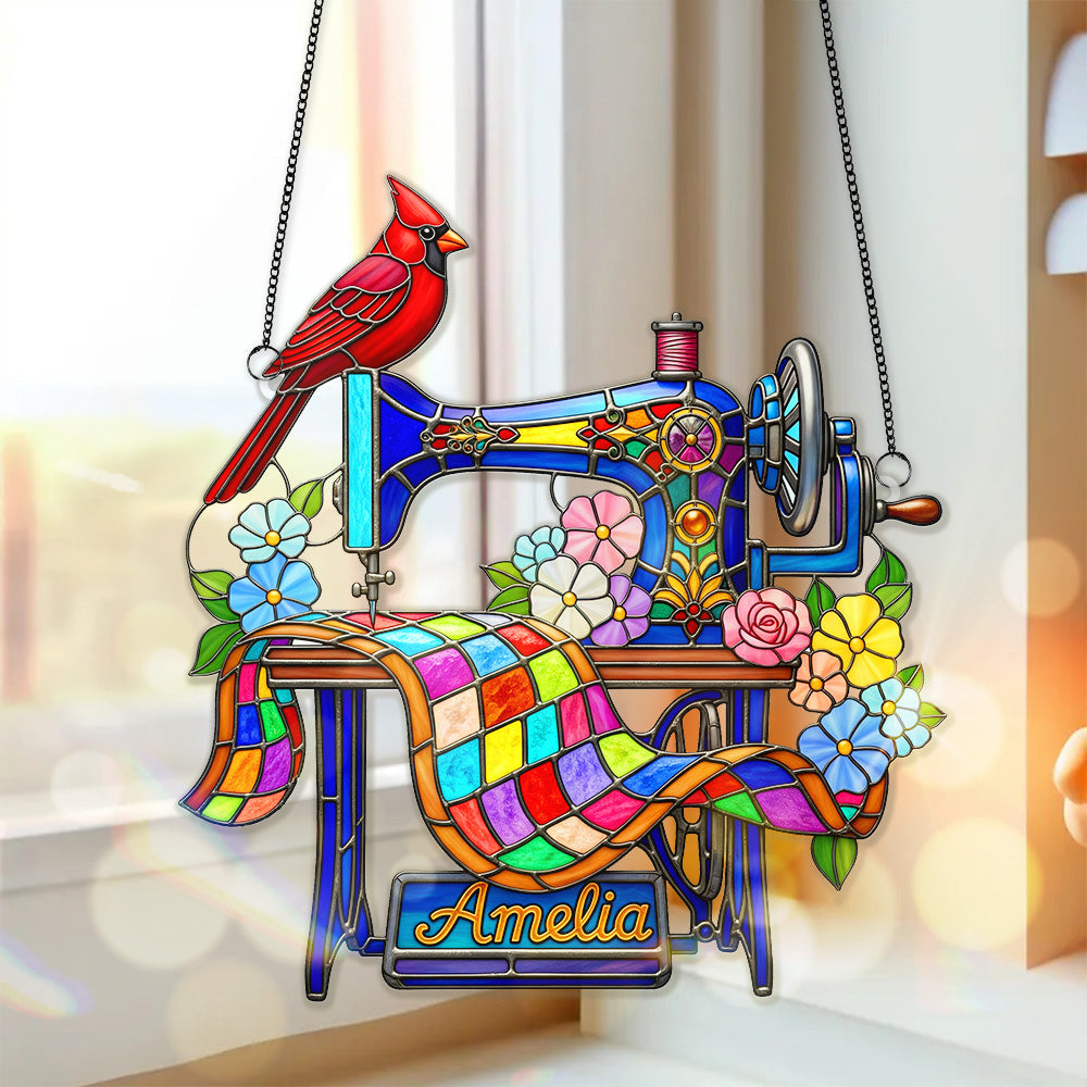 Sewing Machine - Personalized Gifts For Heaven Memorial - Cardinal Christmas Suncatcher Ornament