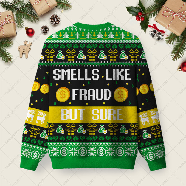 Alternative view of Smells Like Fraud But Sure Ugly Christmas Fuzzy Fleece Sweatshirt