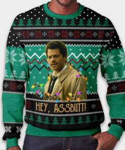 Alternative view of Supernatural Misha Collins Castiel Hey Assbutt Ugly Christmas Sweater