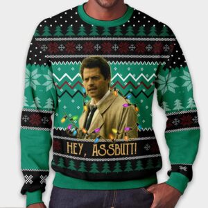 Alternative view of Supernatural Misha Collins Castiel Hey Assbutt Ugly Christmas Sweater