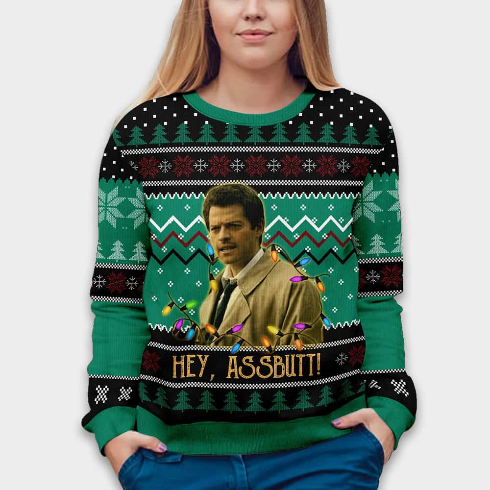 Supernatural Misha Collins Castiel Hey Assbutt Ugly Christmas Sweater - Image 3